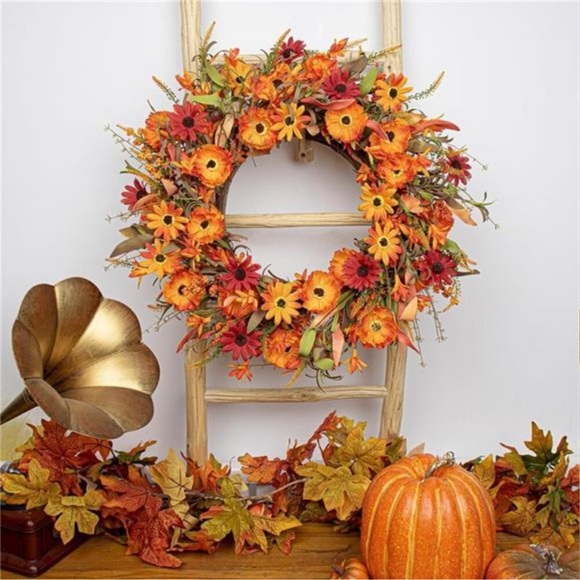 22" Artificial Orange Daisy Wreath with Wildflowers Berries for Indoor Outdoor - Picture 3 of 8